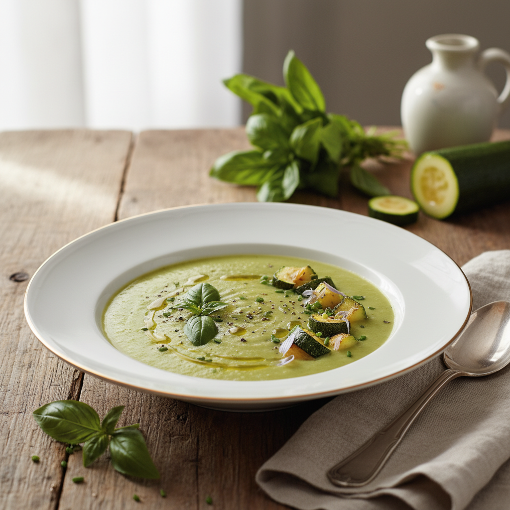 Photo de Recette de soupe de courgettes veloutée au basilic