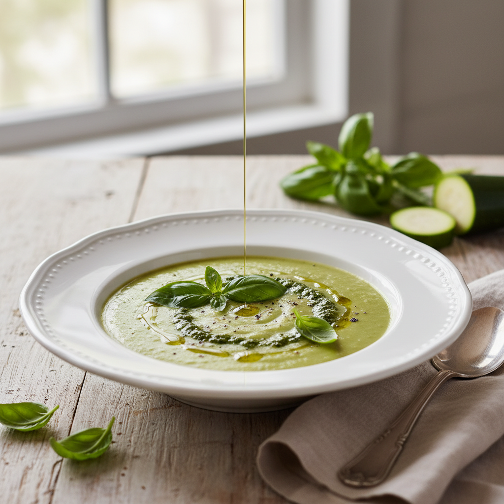 Photo de Recette de soupe de courgettes onctueuse au basilic frais