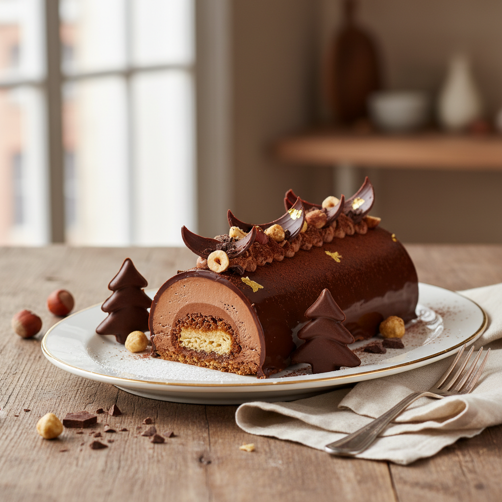 Photo de Recette de bûche de Noël au chocolat et praliné croustillant