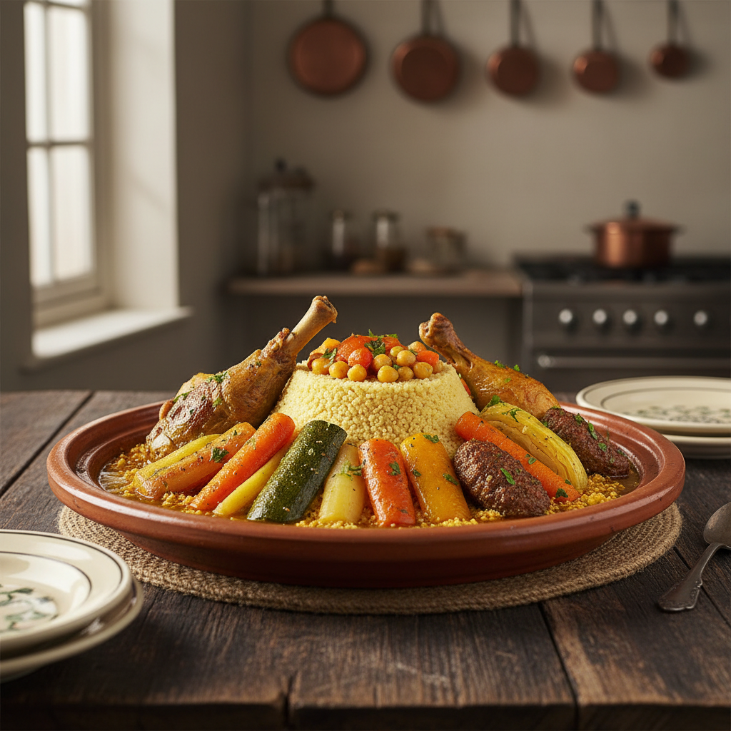 Photo de Recette du véritable couscous aux sept légumes et trois viandes