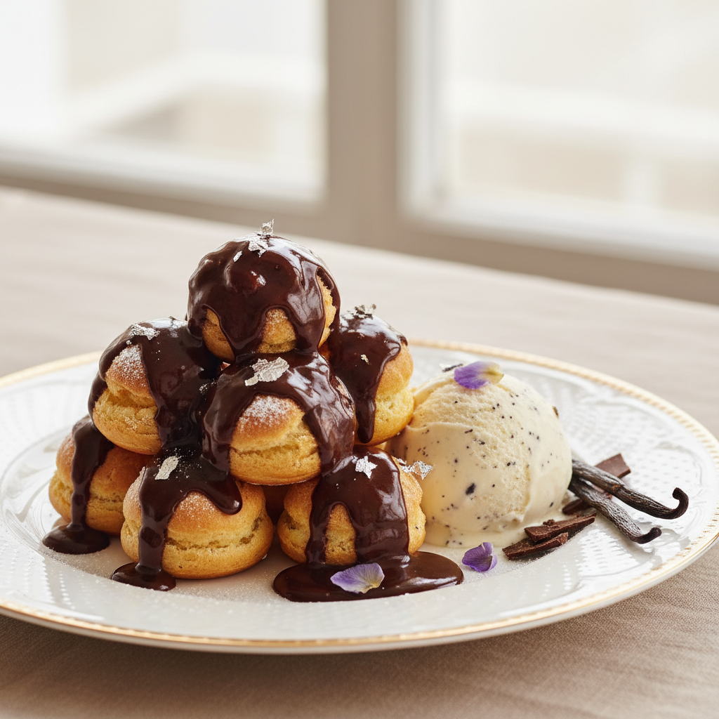 Photo de Recette des profiteroles au chocolat noir et vanille