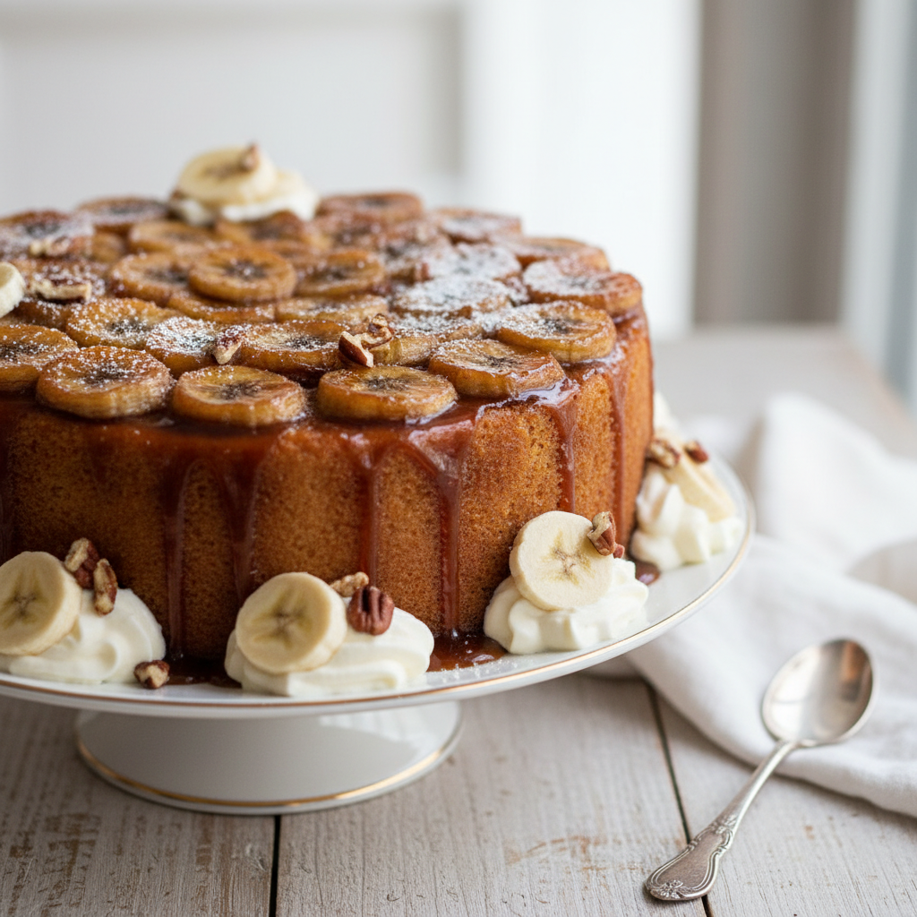 Photo de Recette de gâteau aux bananes caramélisées et rhum