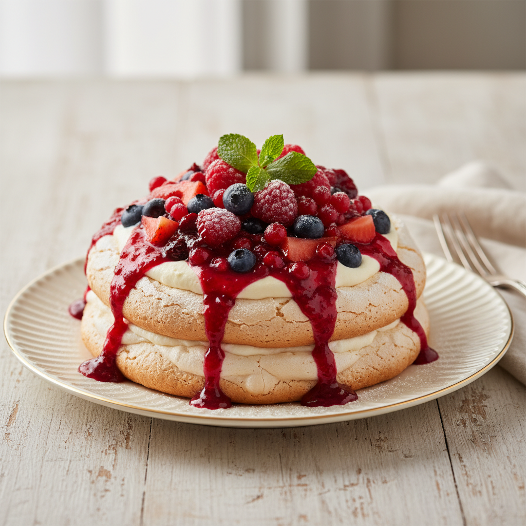 Photo de Recette de pavlova facile au coulis de fruits rouges