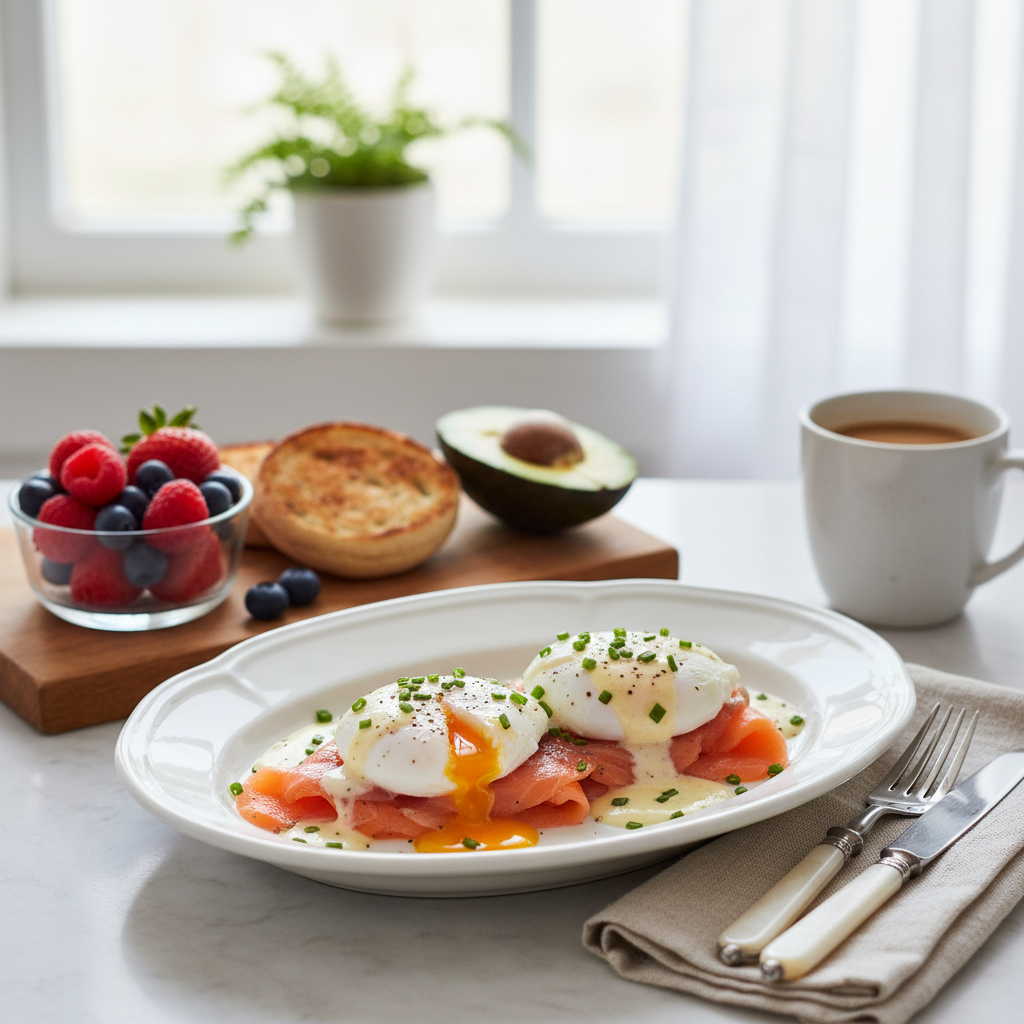 Photo de Recette du brunch complet aux œufs pochés et saumon fumé