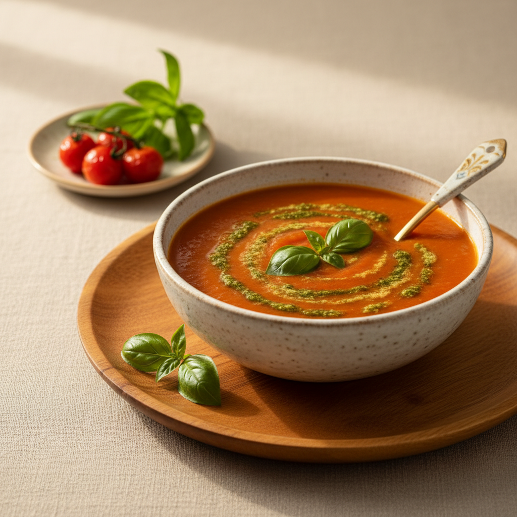 Photo de Recette de soupe à la tomate rôtie au basilic frais