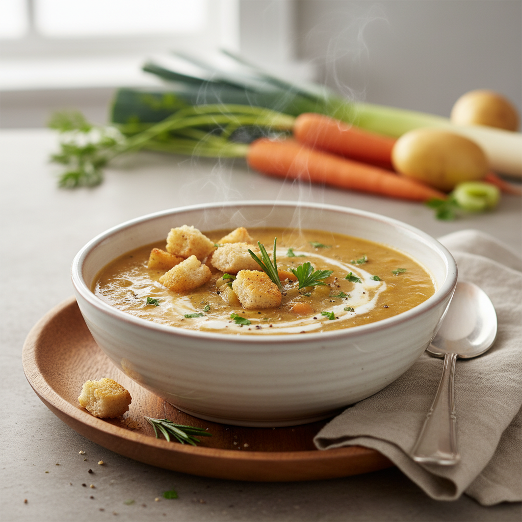 Photo de Recette de la soupe de légumes paysanne aux petits croûtons