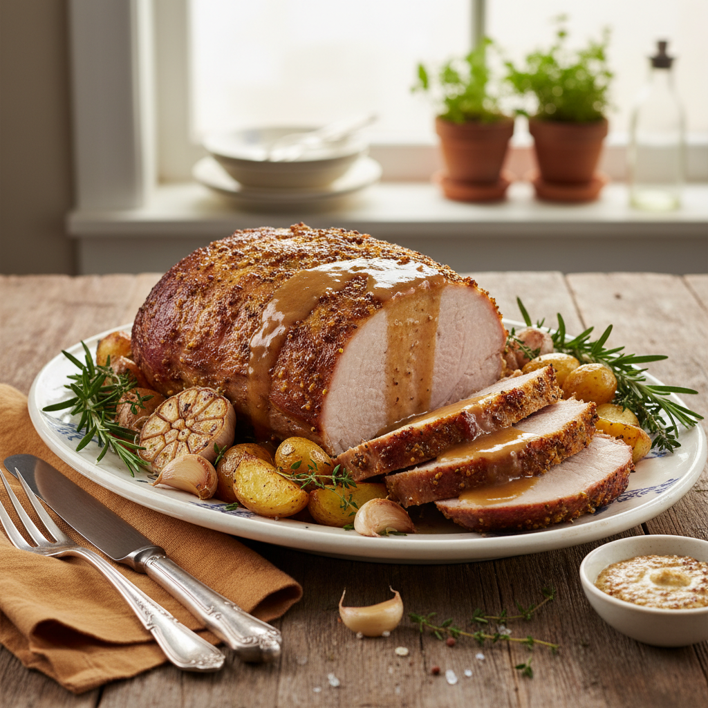 Photo de Recette de rôti de porc au four moutarde et herbes