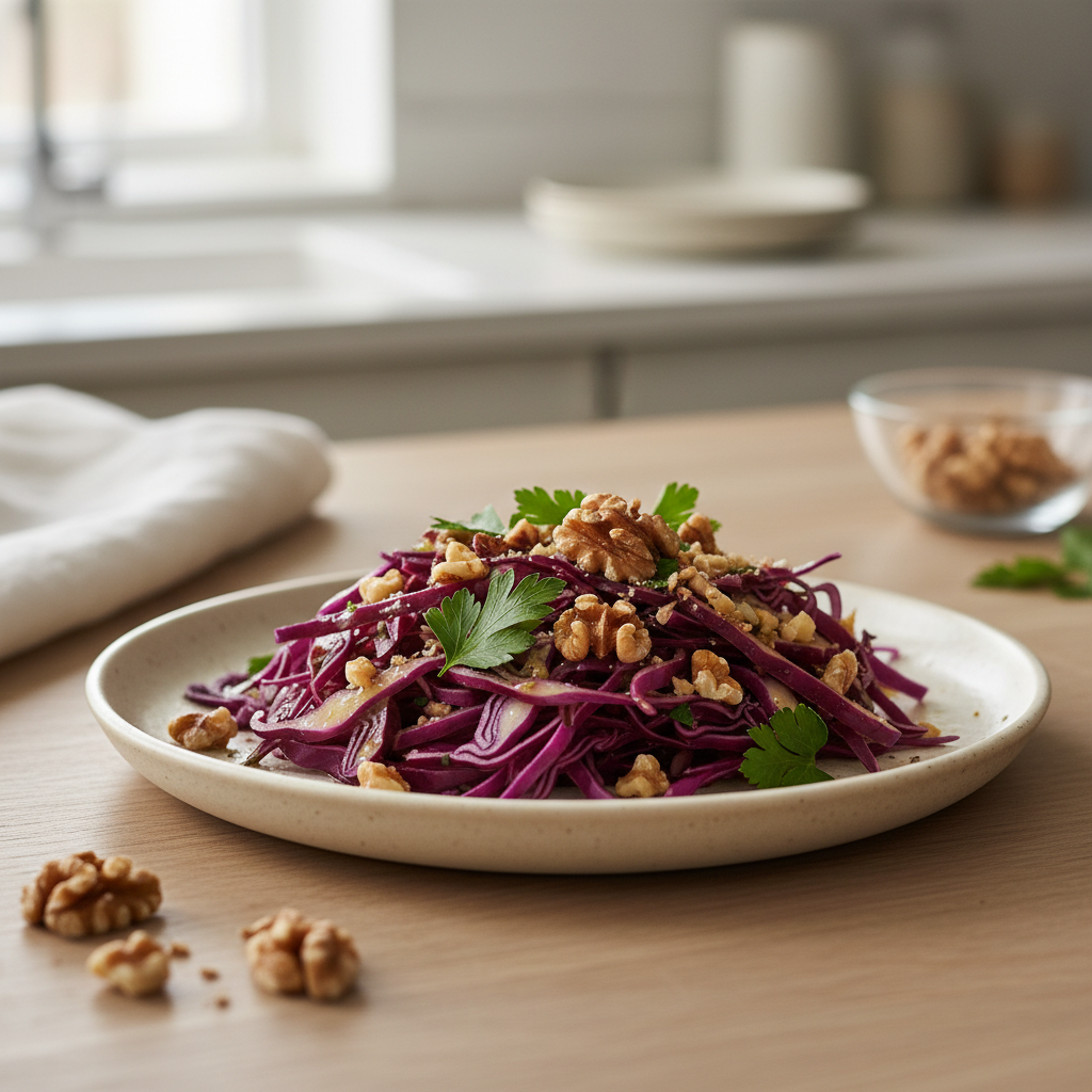 Photo de Recette de chou rouge en salade aux éclats de noix