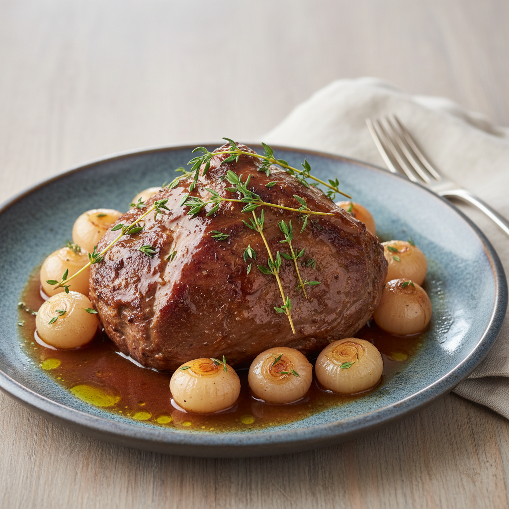 Photo de Recette de rôti de veau braisé au thym et petits oignons
