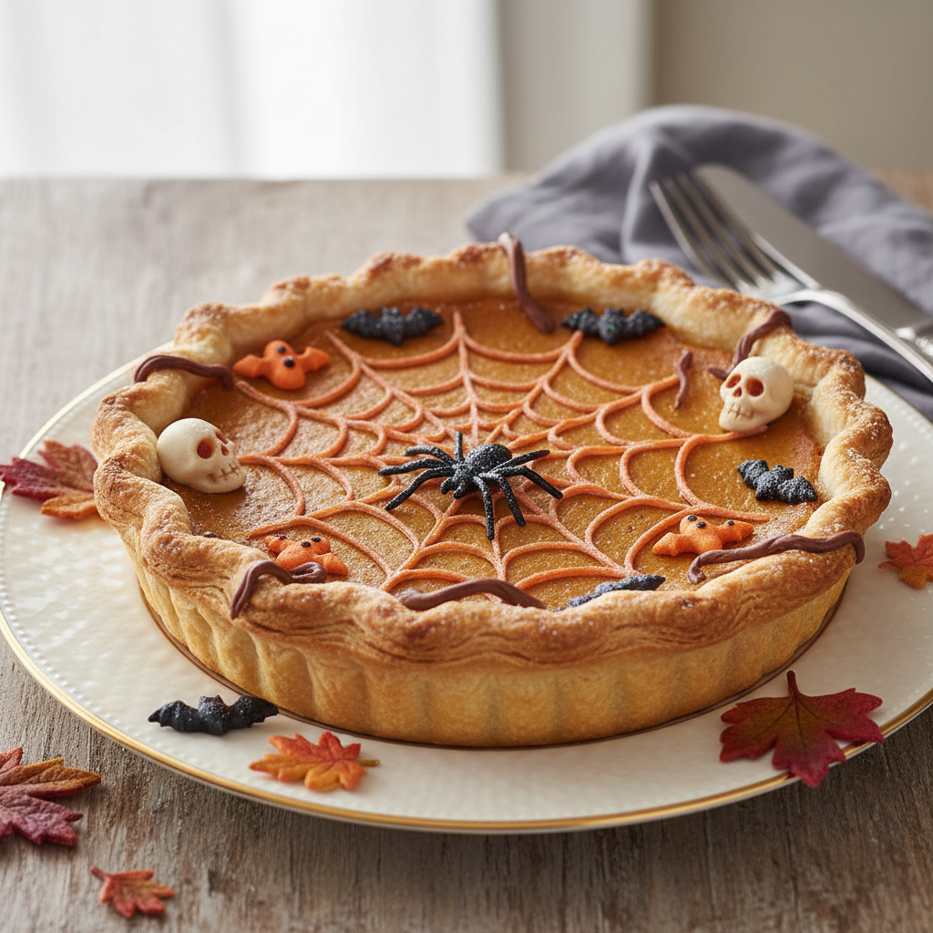 Photo de Recette de tarte à la citrouille décorée pour Halloween