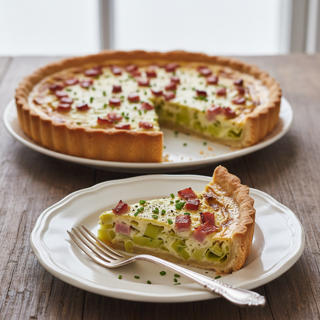Photo de Recette de la tarte salée aux poireaux et lardons fumés
