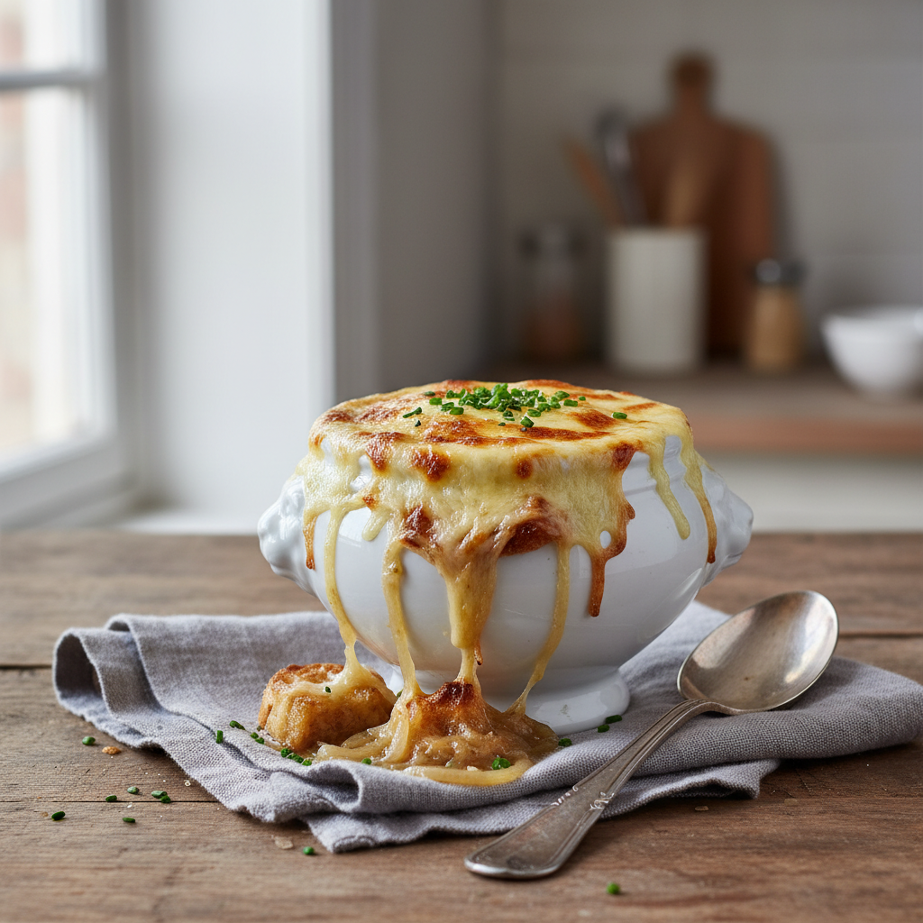 Photo de Recette de la véritable soupe à l'oignon gratinée