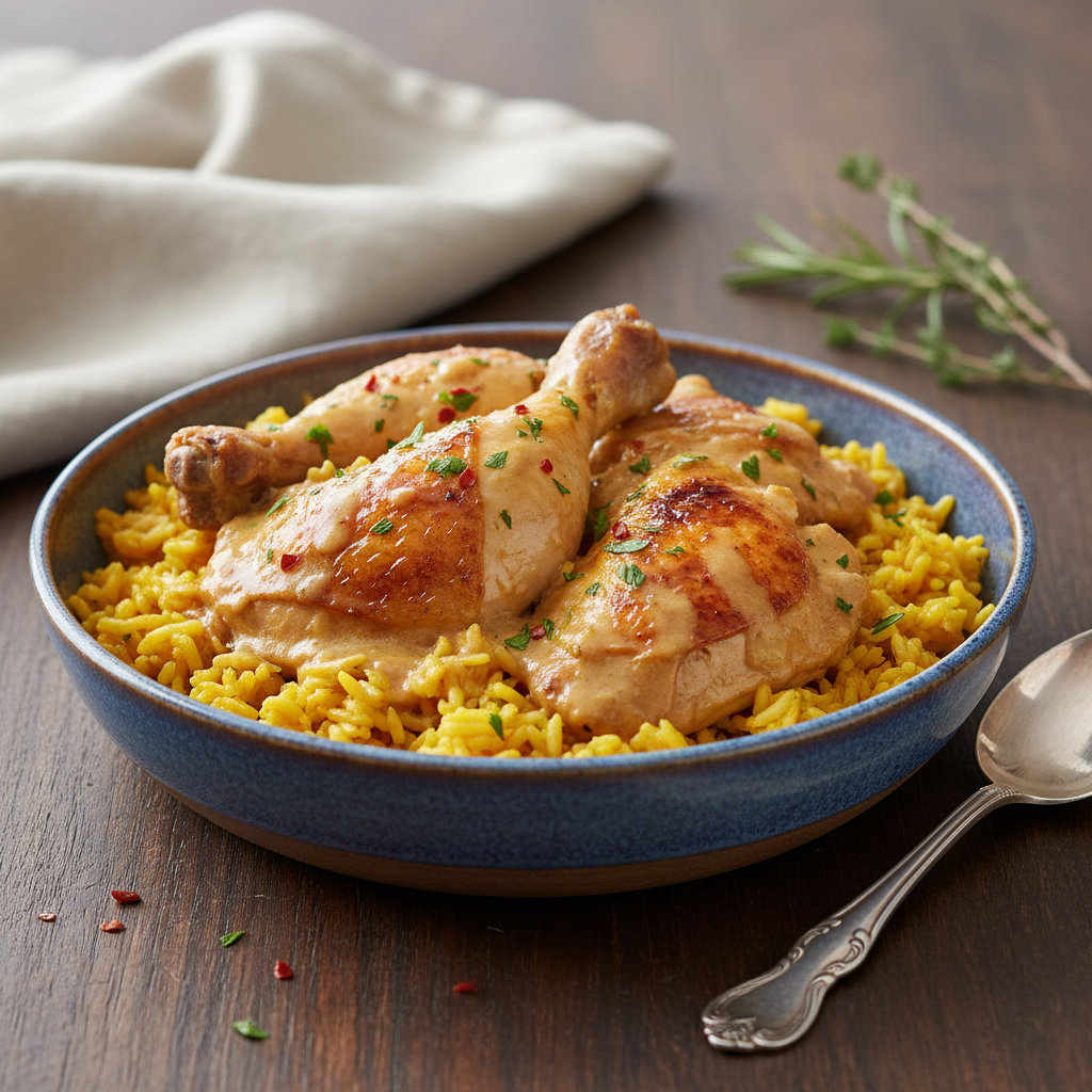 Photo de Recette de riz au poulet fondant et sa sauce onctueuse