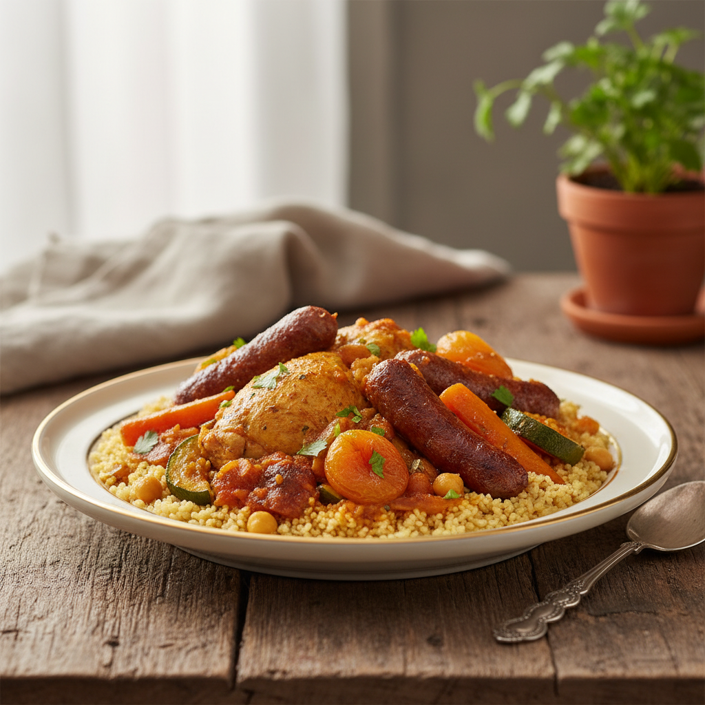 Photo de Recette de couscous poulet et merguez aux légumes fondants
