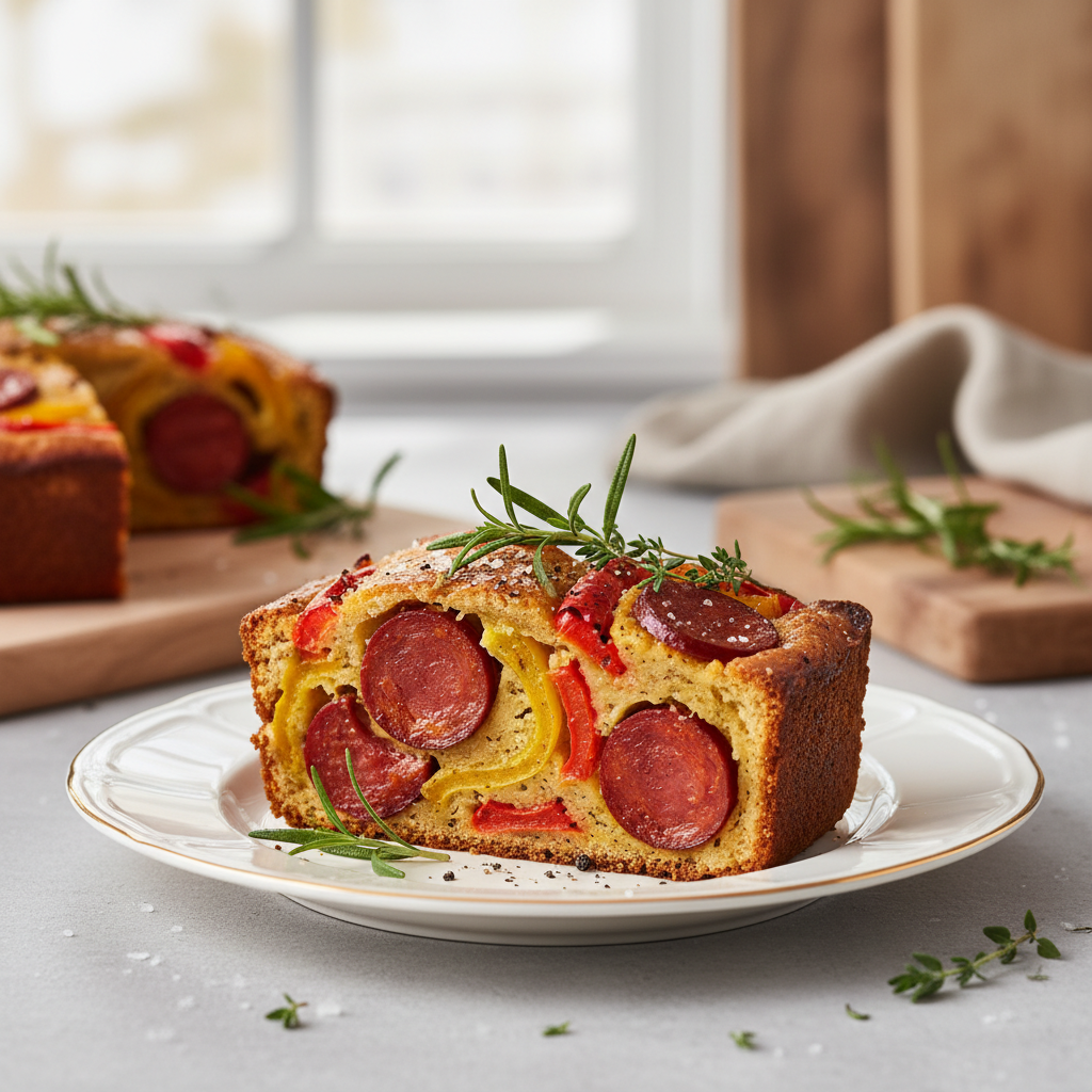 Photo de Recette de cake salé aux poivrons grillés et chorizo