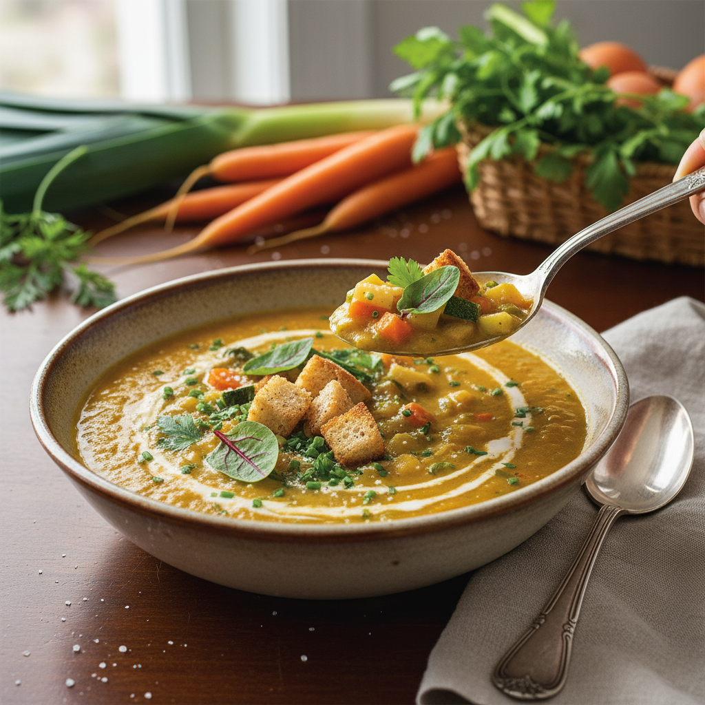 Photo de Recette de potage aux légumes du jardin à la paysanne