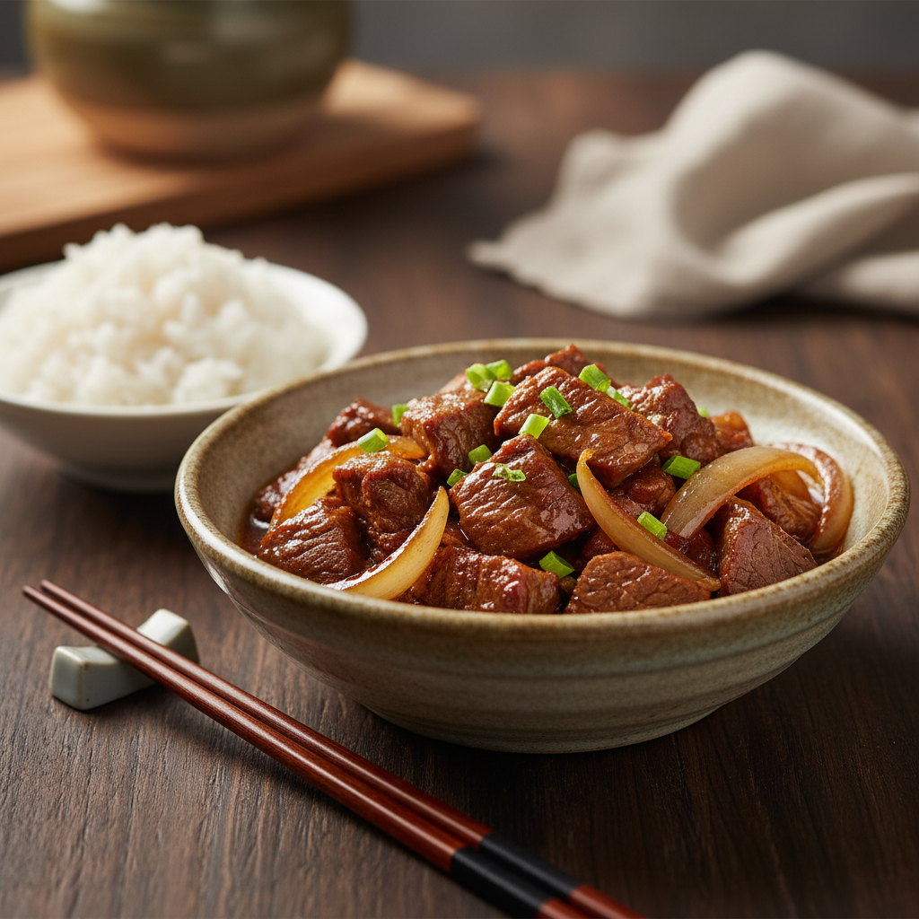 Photo de Recette du boeuf aux oignons fondant à la chinoise