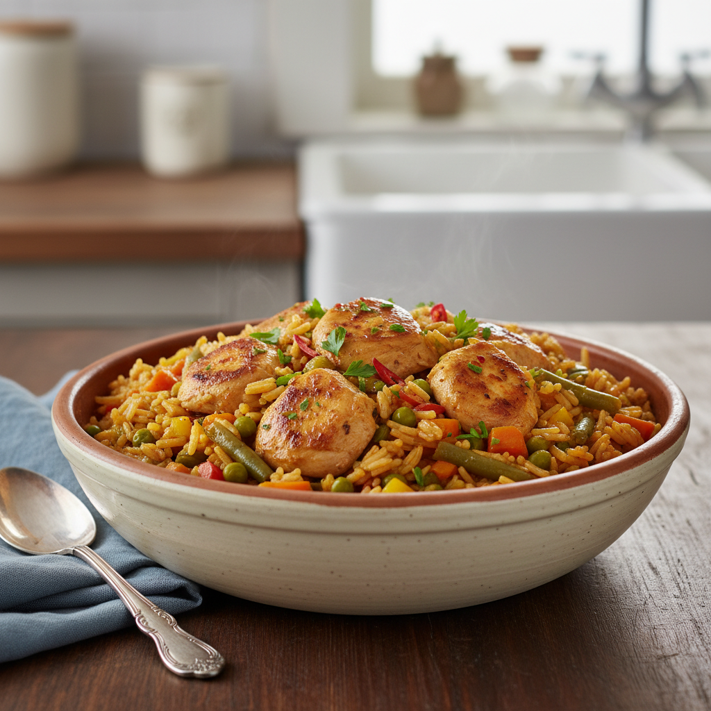 Photo de Recette de riz au poulet sauté aux petits légumes