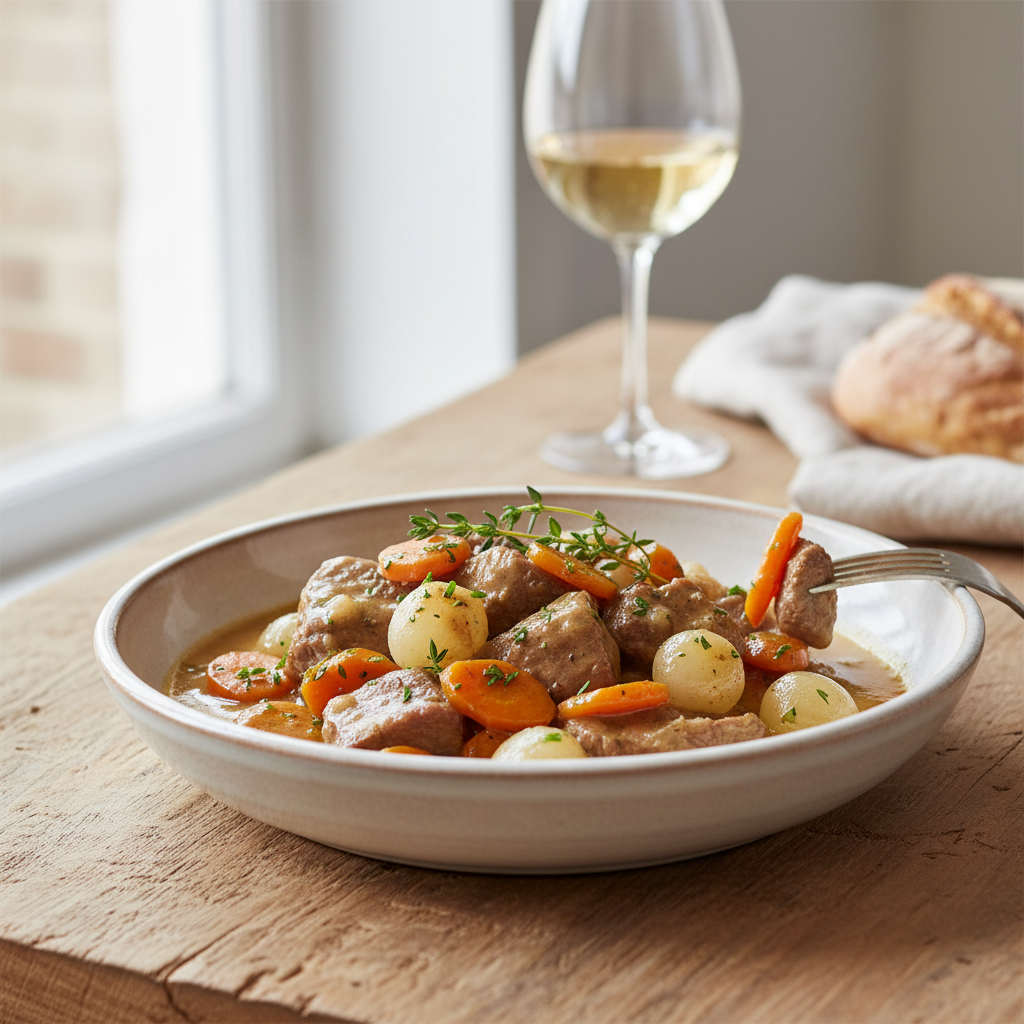 Photo de Recette de sauté de veau à l'ancienne aux carottes et vin blanc