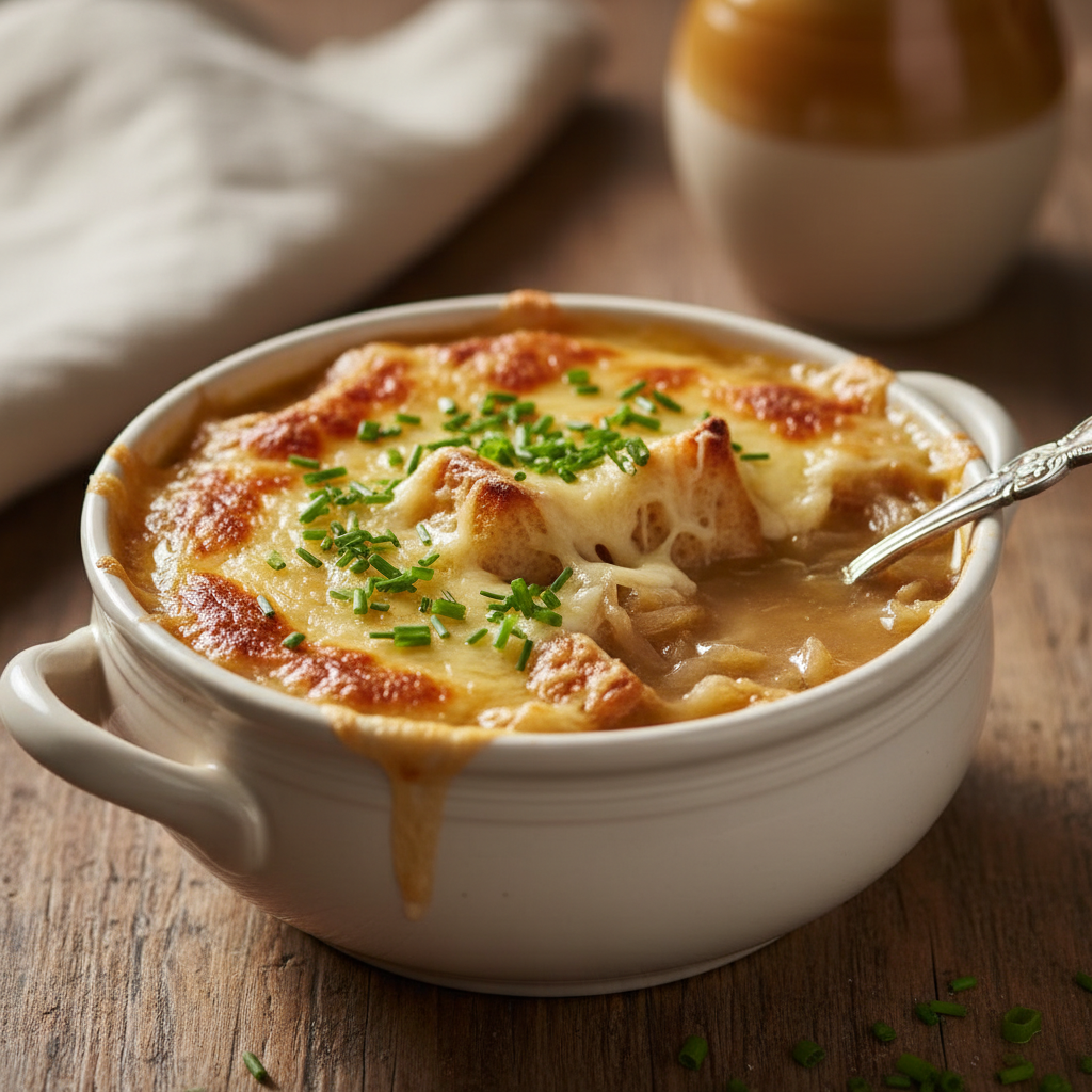Photo de Recette de soupe aux oignons fondante et réconfortante