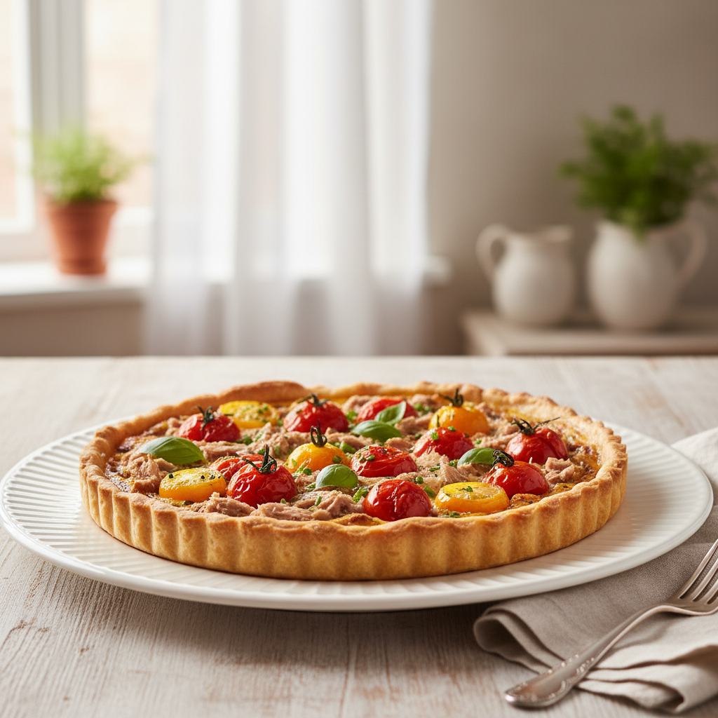 Photo de Recette de la tarte thon tomate fondante et croustillante