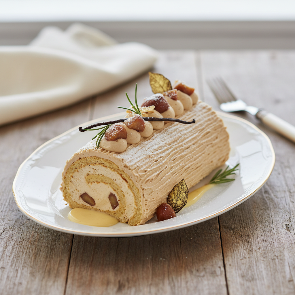 Photo de Recette de bûche de Noël roulée aux marrons et vanille