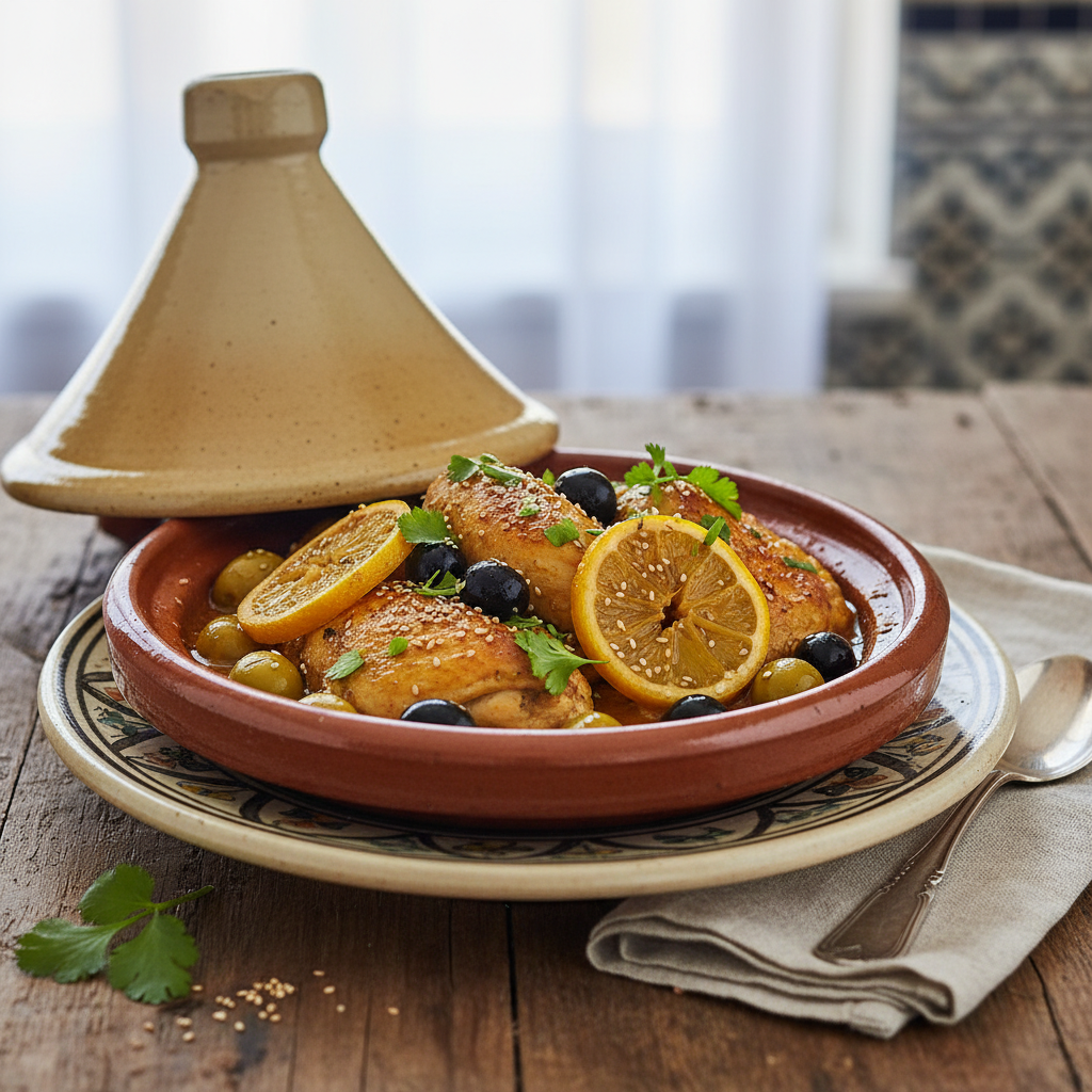 Photo de Recette de tajine de poulet aux olives et citrons confits