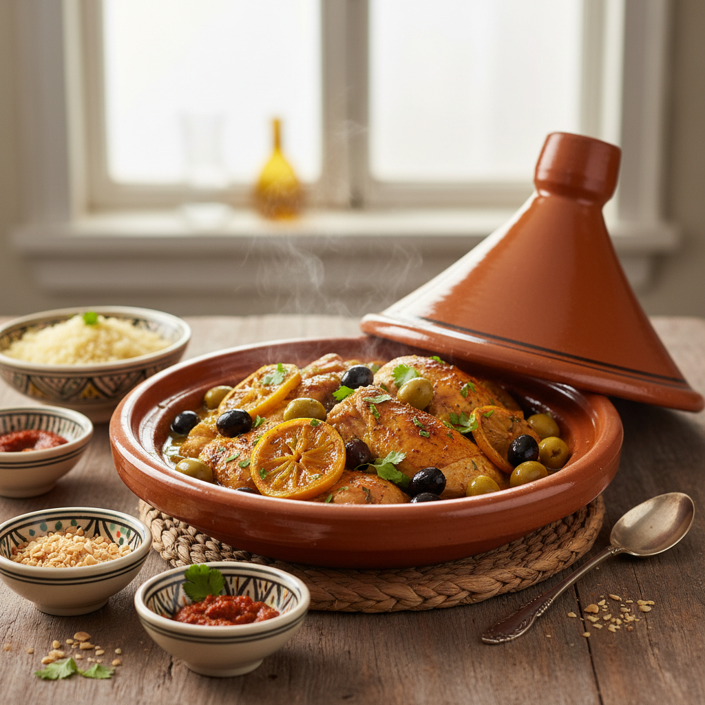 Photo de Recette de tajine au poulet aux olives et citrons confits