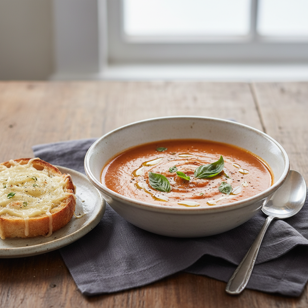Photo de Recette de soupe à la tomate rôtie au basilic frais