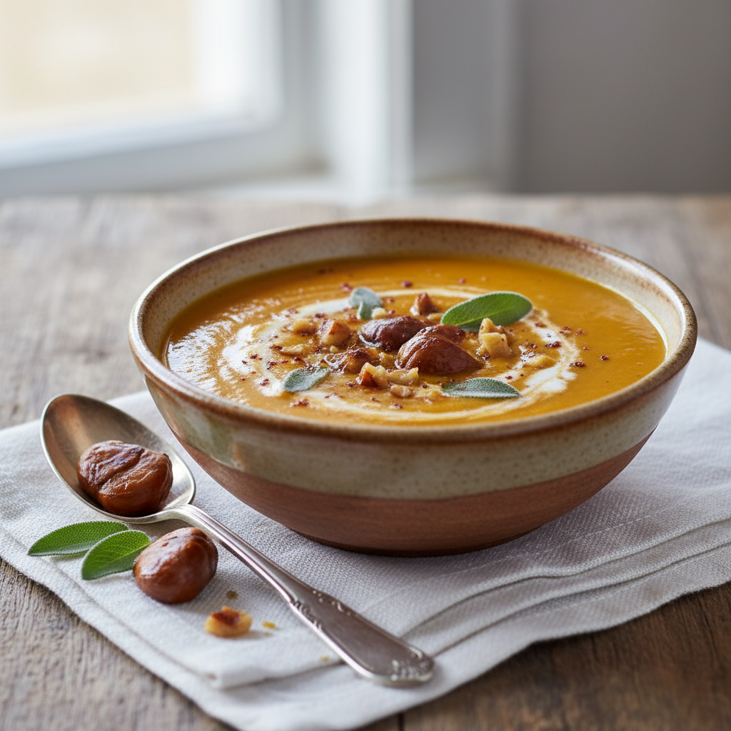 Photo de Recette de soupe au potimarron et châtaignes grillées