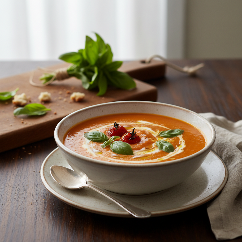 Photo de Recette de soupe à la tomate rôtie au basilic frais