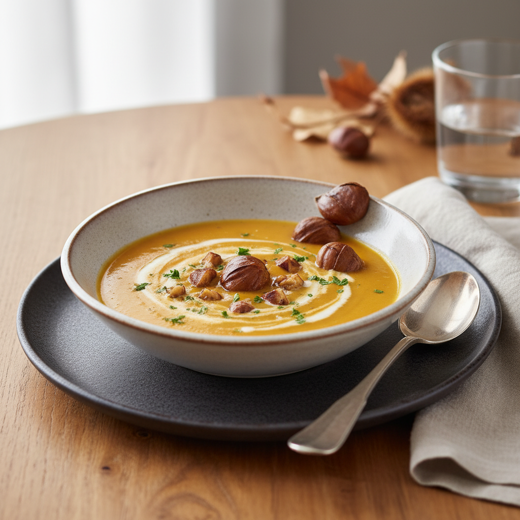 Photo de Recette de velouté de butternut onctueux aux châtaignes