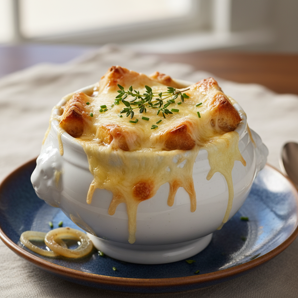 Photo de Recette de soupe à l'oignon traditionnelle et fondante