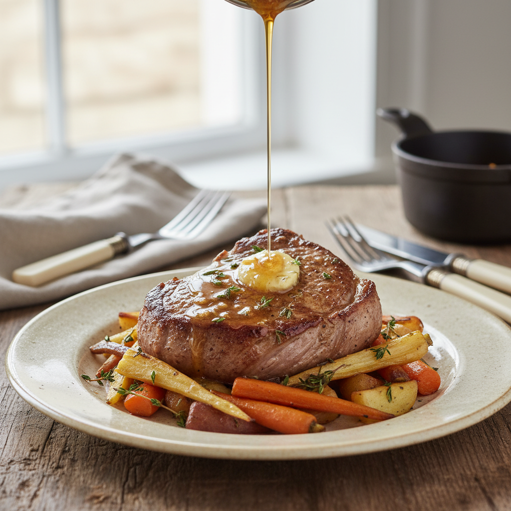 Photo de Recette de la côte de veau épaisse au beurre noisette