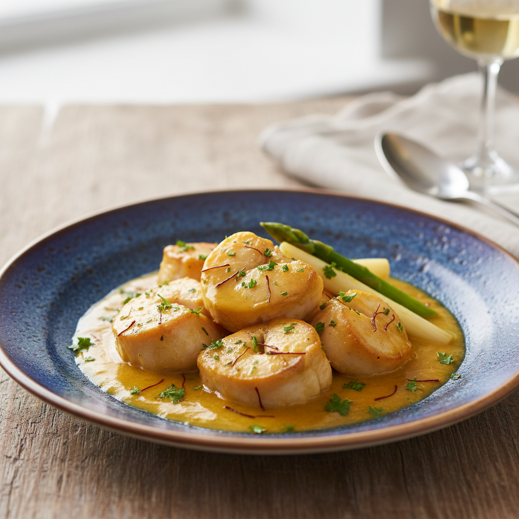 Photo de Recette des joues de lotte braisées au safran et vin blanc