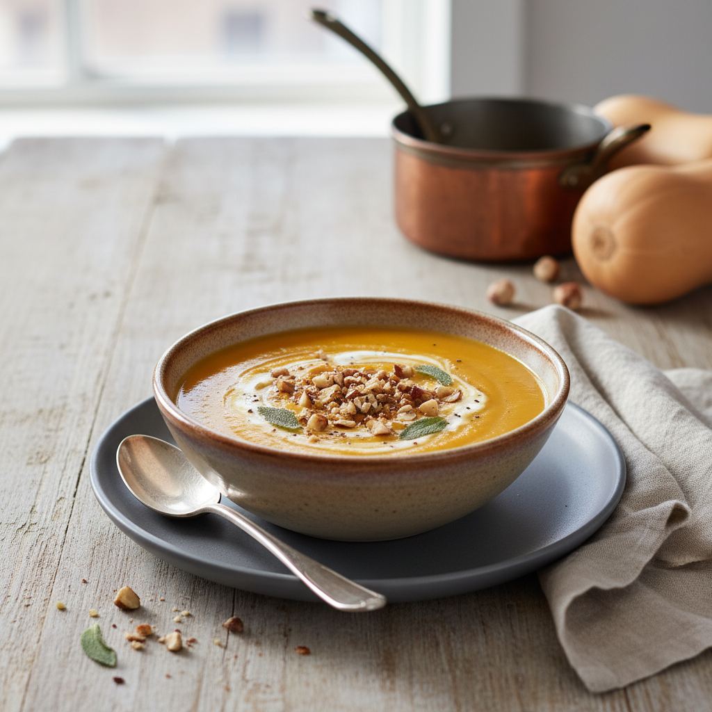 Photo de Recette de soupe butternut rôtie au four et noisettes