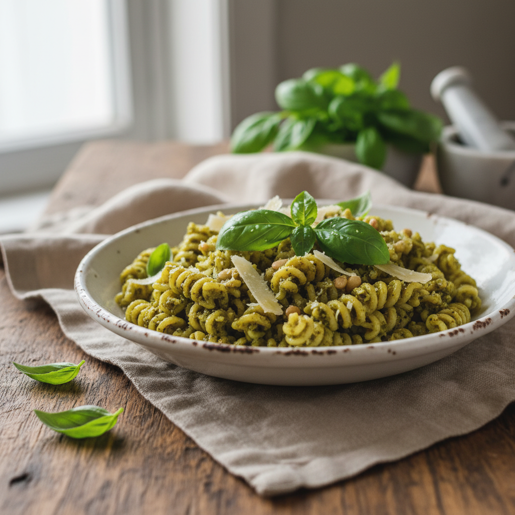 Photo de Recette de pâtes au pesto maison et basilic frais