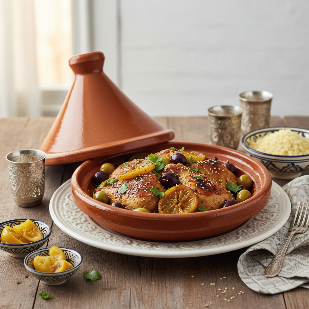 Photo de Recette de poulet aux olives et citron confit façon tajine