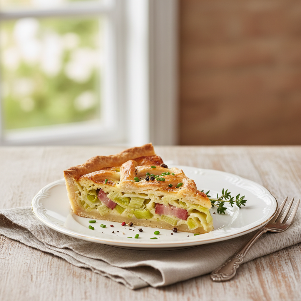 Photo de Recette de la tarte salée aux poireaux et lardons