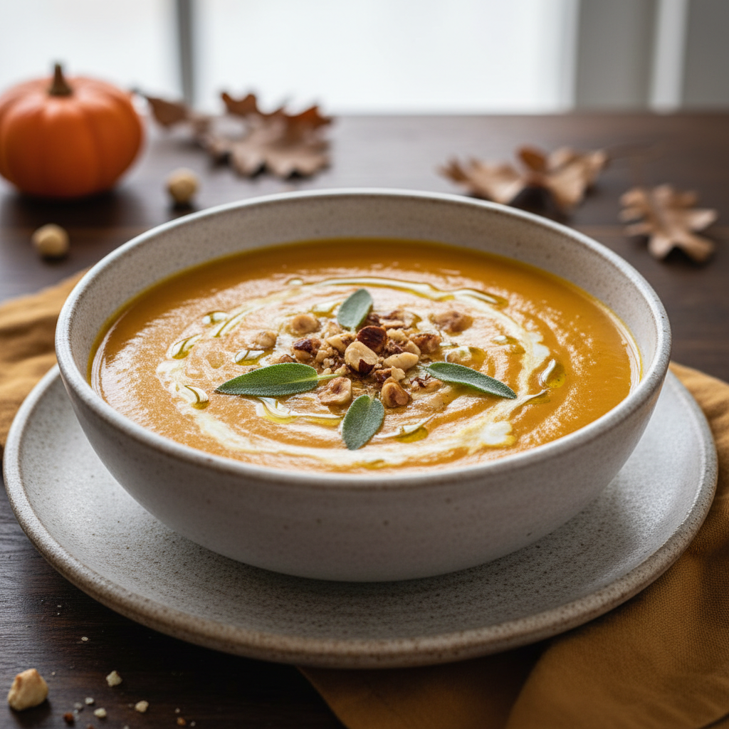 Photo de Recette de velouté de potimarron onctueux aux éclats de noisettes