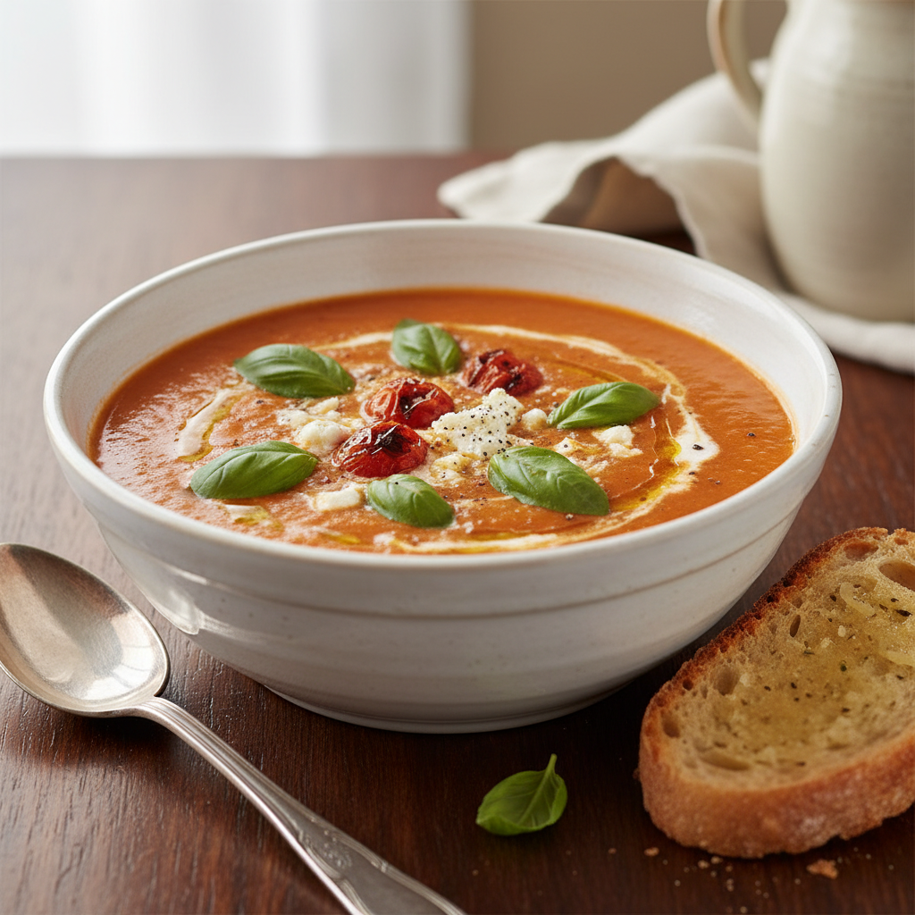 Photo de Recette de soupe à la tomate rôtie au four et basilic