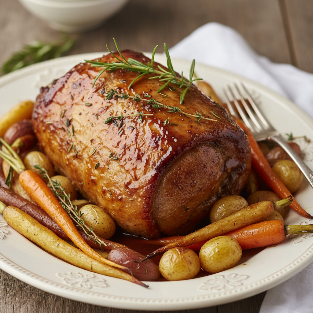 Photo de Recette de rôti de porc au four tendre et caramélisé