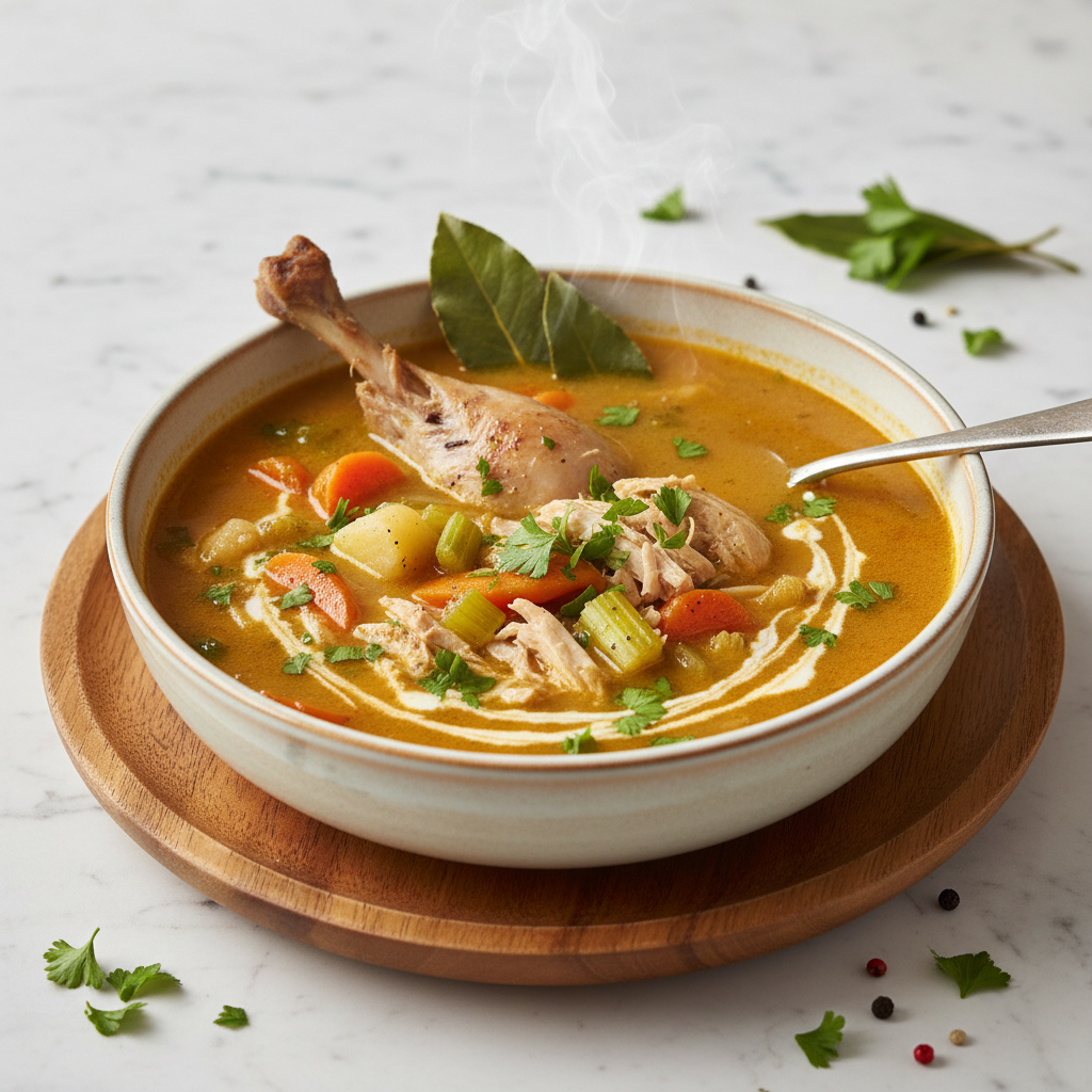 Photo de Recette de bouillon de poulet maison avec carcasse et légumes