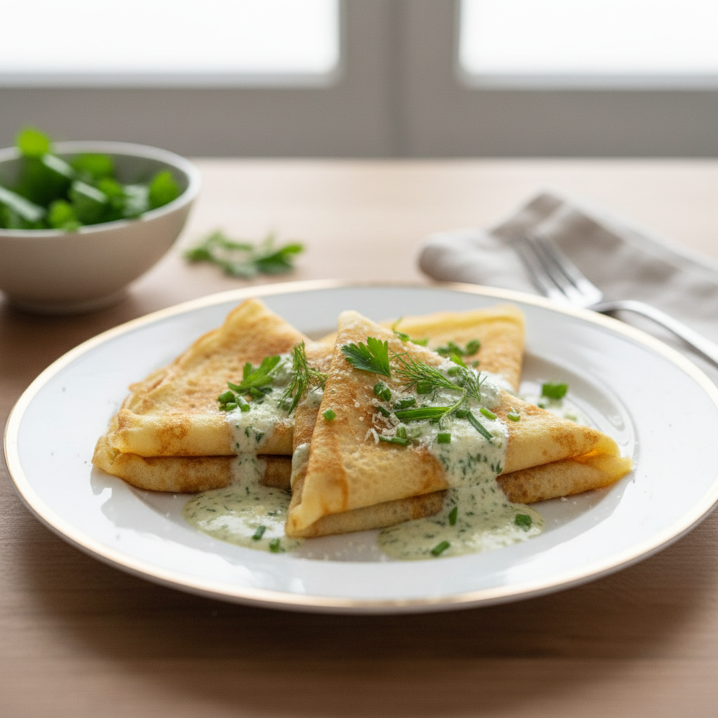 Photo de Recette de crêpes salées fines et fondantes aux herbes