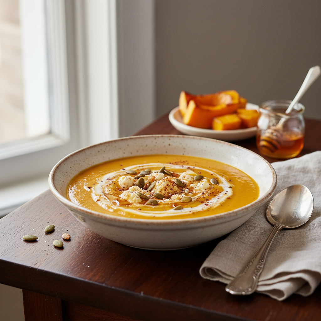Photo de Recette de soupe de butternut rôtie au miel et épices